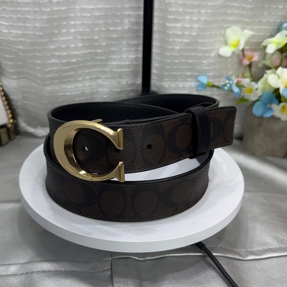 (H) Coach Women's Signature Gold Buckle Belt, Dark Brown, Large - Picture 1 of 13